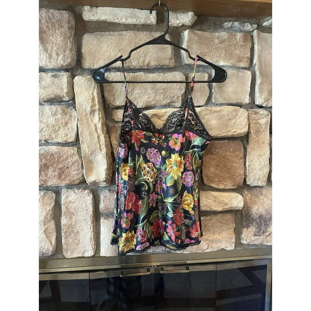 VTG 90s Vanity Fair Cami Tank Top Sz 34 Floral Paisley Black Lace USA Satin M/L